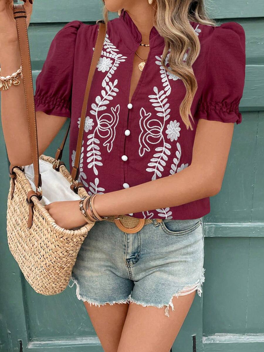 Spring Summer Cotton Embroidered Cardigan with Buckle Puff Short Sleeve T shirt Women