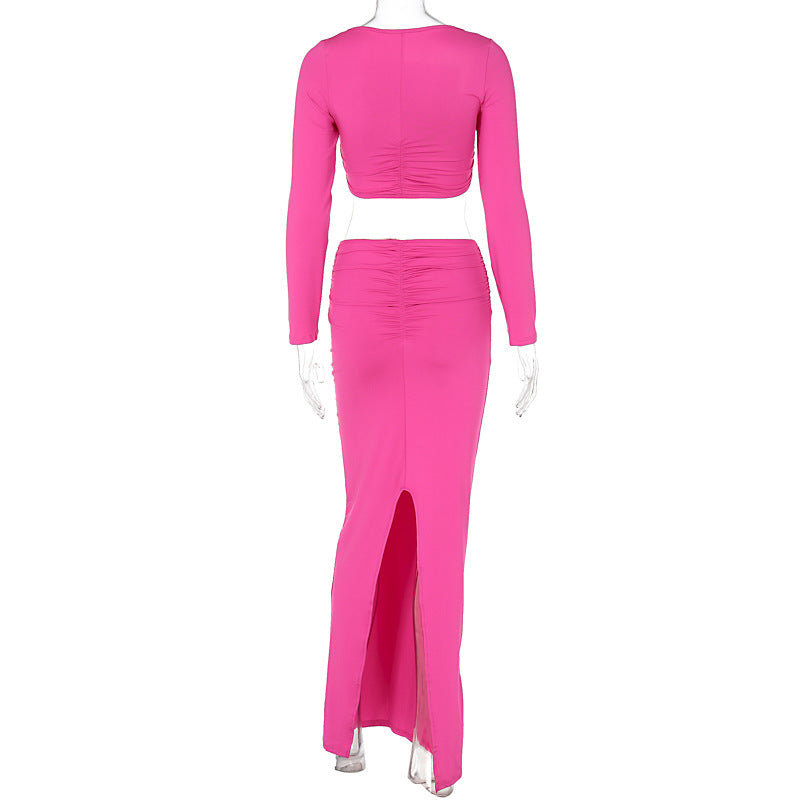 Women Clothing Summer Popular Sexy Bandeau Long Sleeve Back Slit Skirt Set