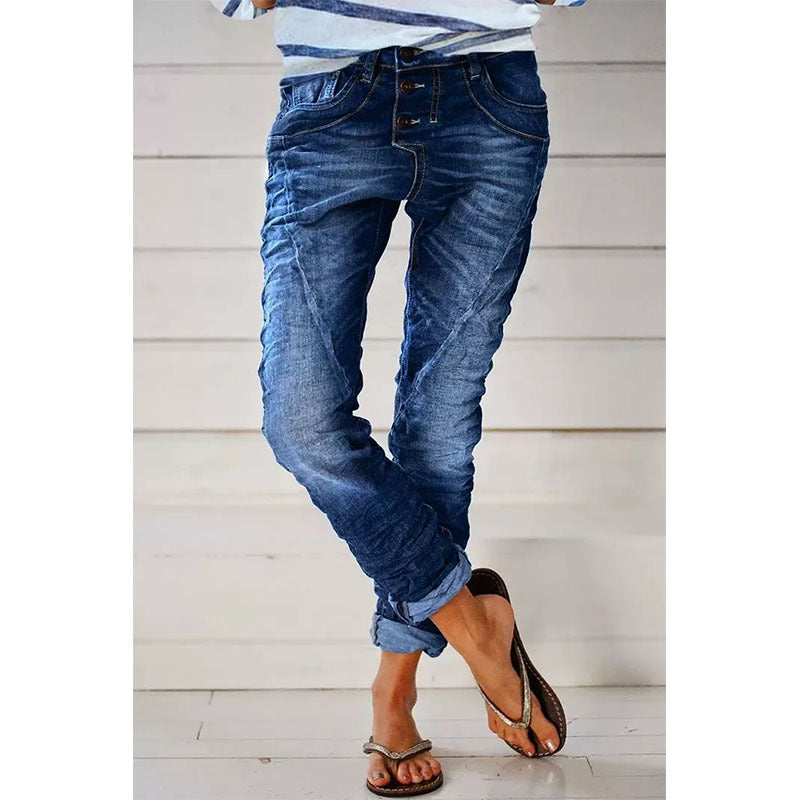 Ripped Denim Drawstring Elastic Waist Washed Women Casual Pants Tide