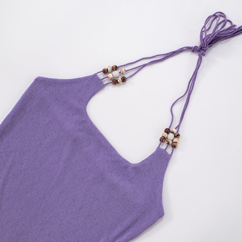 Women Clothing Summer Solid Color Halter Lace up Sexy Dress Women