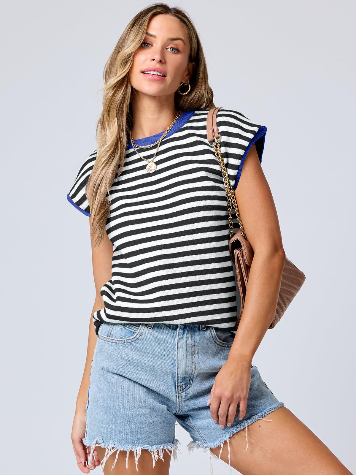 Women Clothing Summer round Neck Knitted Top Casual Striped Contrast Color Sweater