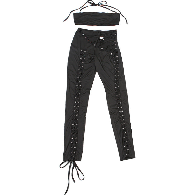 Women Sexy Lacing Vest Street Lace up Trousers Two Piece Set