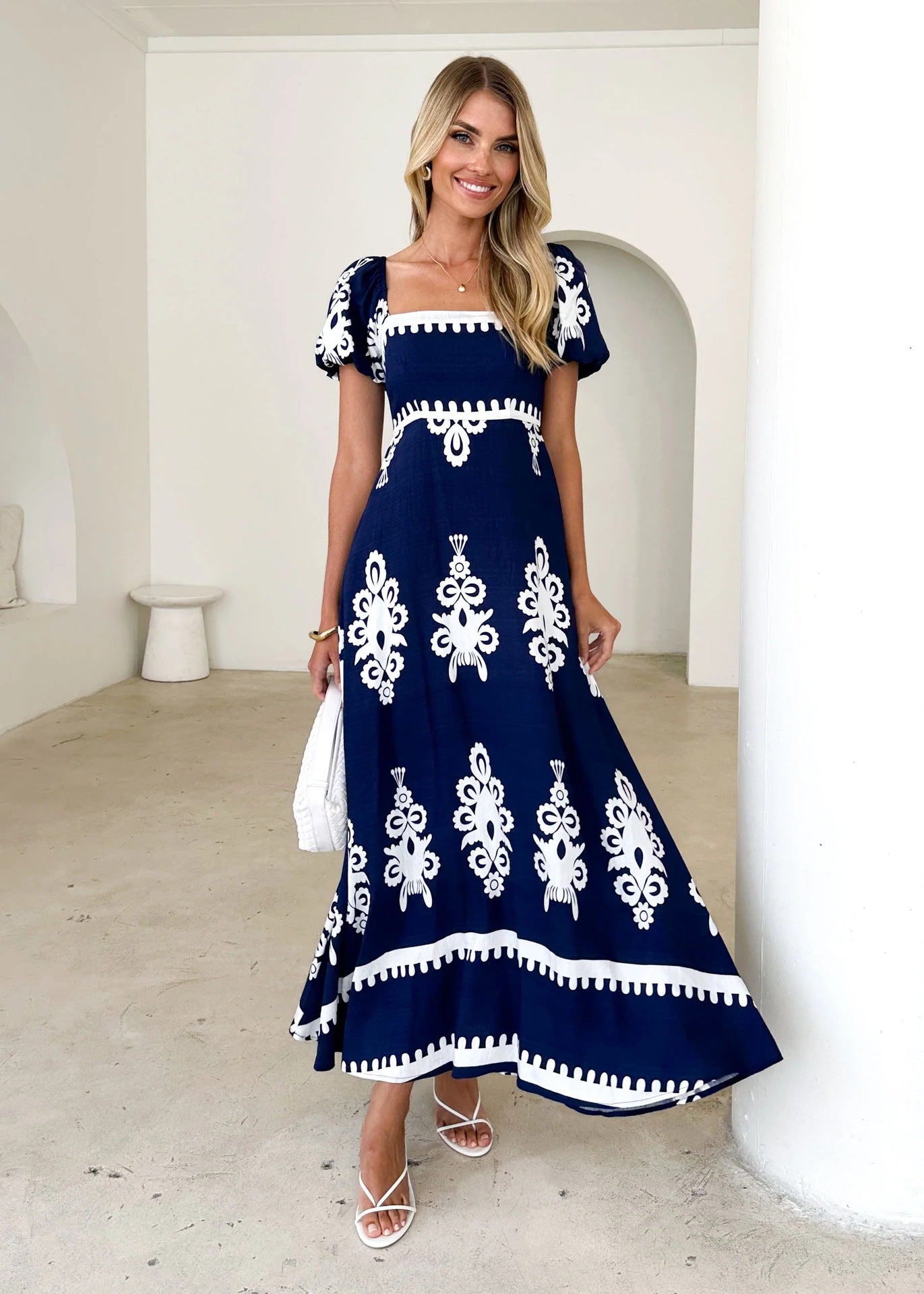 Summer Women Clothing Vacation Printed Beach Dress Smocking Dress Women