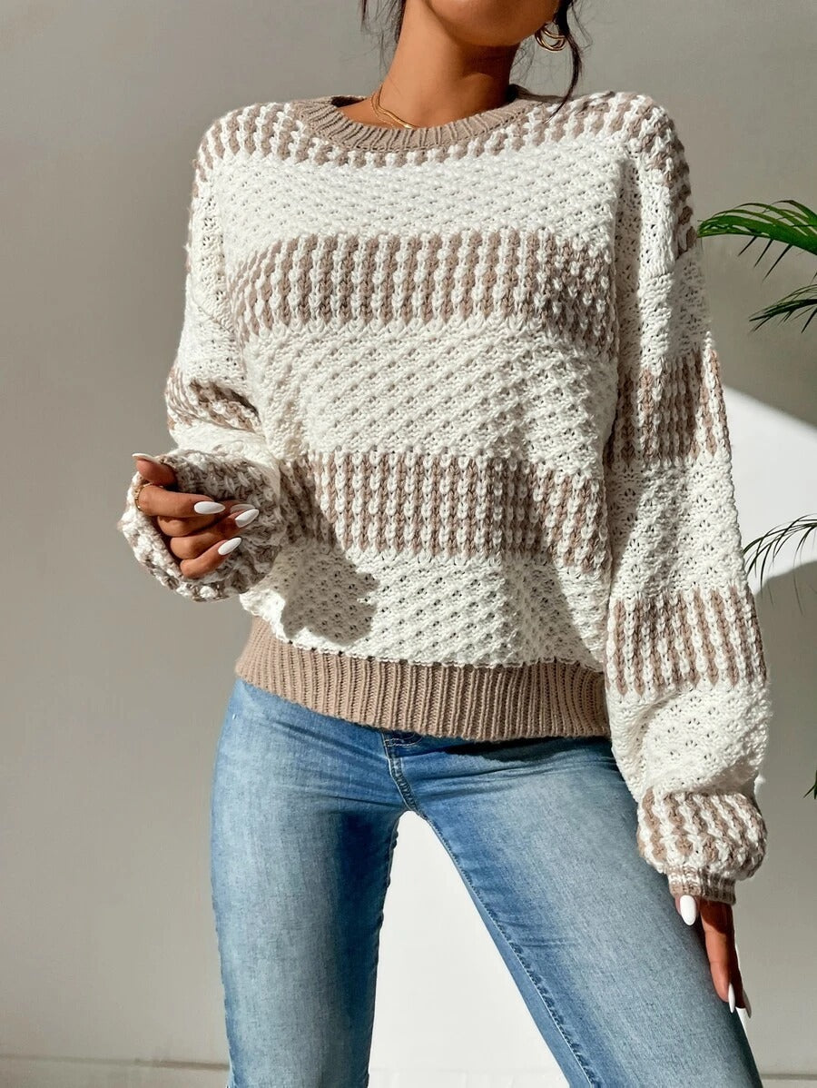 Women Clothing Autumn Winter Casual Loose Sweater Contrast Color Striped Stitching Sweater