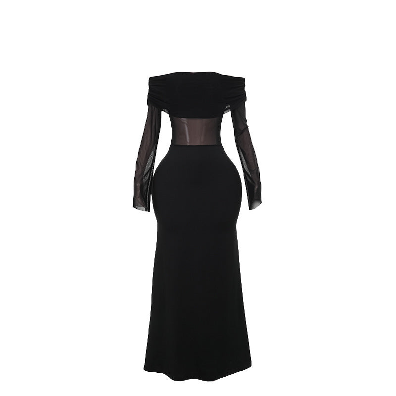 Fall Maxi Dress Elegant Sexy Slim off Shoulder Mesh Dress Women