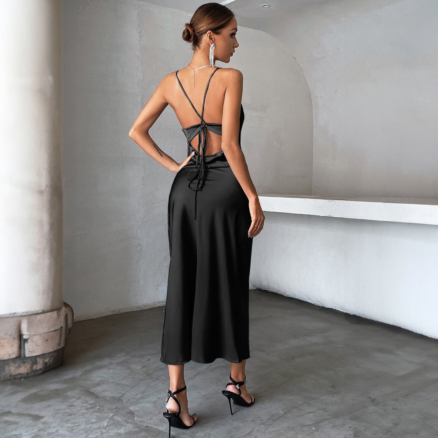 Summer Back Lace up Sleeveless Slim Fit Sexy Pure Black Sheath Cami Dress