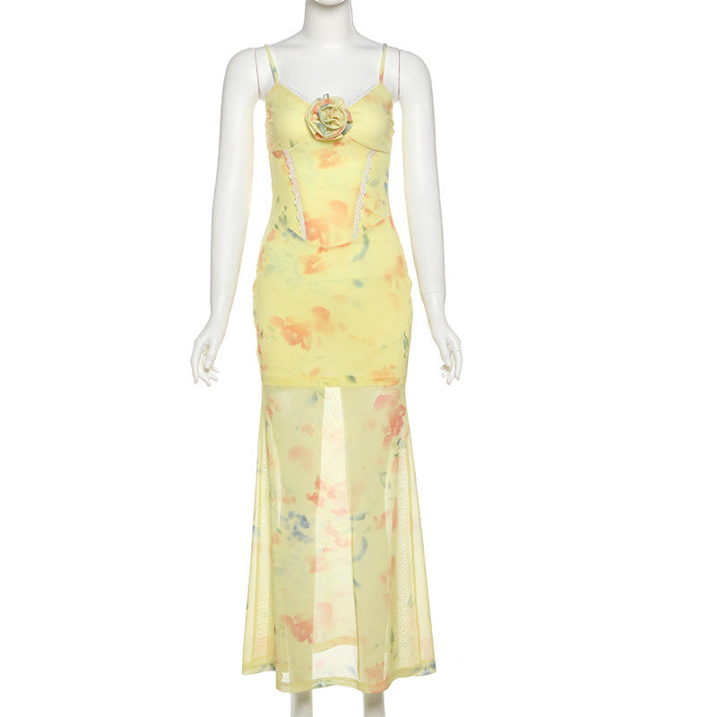 Spring Summer Women Clothing French Vacation Printed Suspender Sexy Backless Slim Fit Waist Dress Women