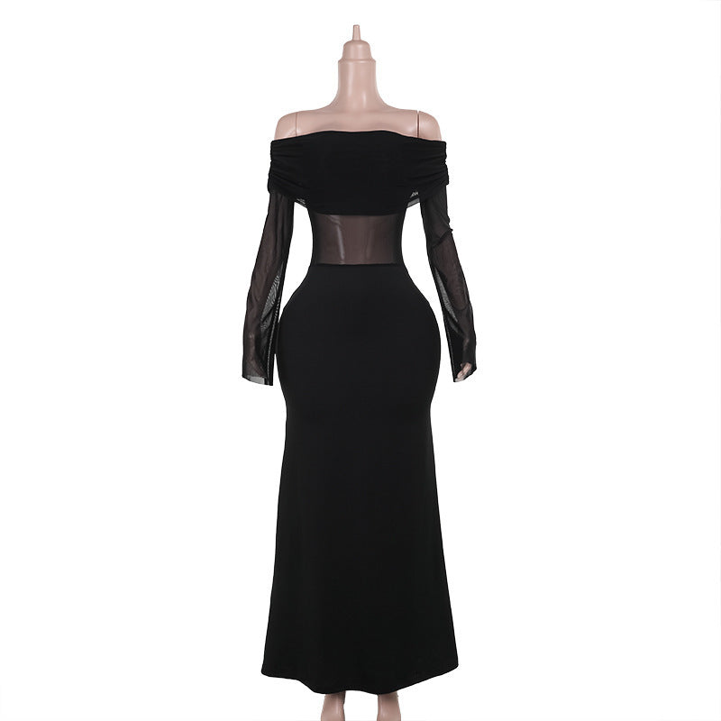 Fall Maxi Dress Elegant Sexy Slim off Shoulder Mesh Dress Women