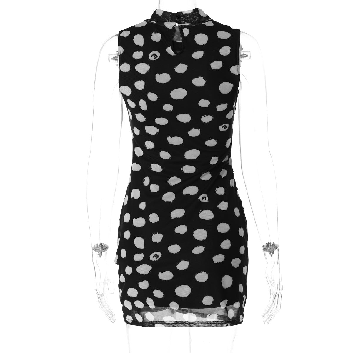 Women Half Turtleneck Sleeveless Mesh Polka Dot Print Faux Two Piece Skinny Slimming Sheath Dress