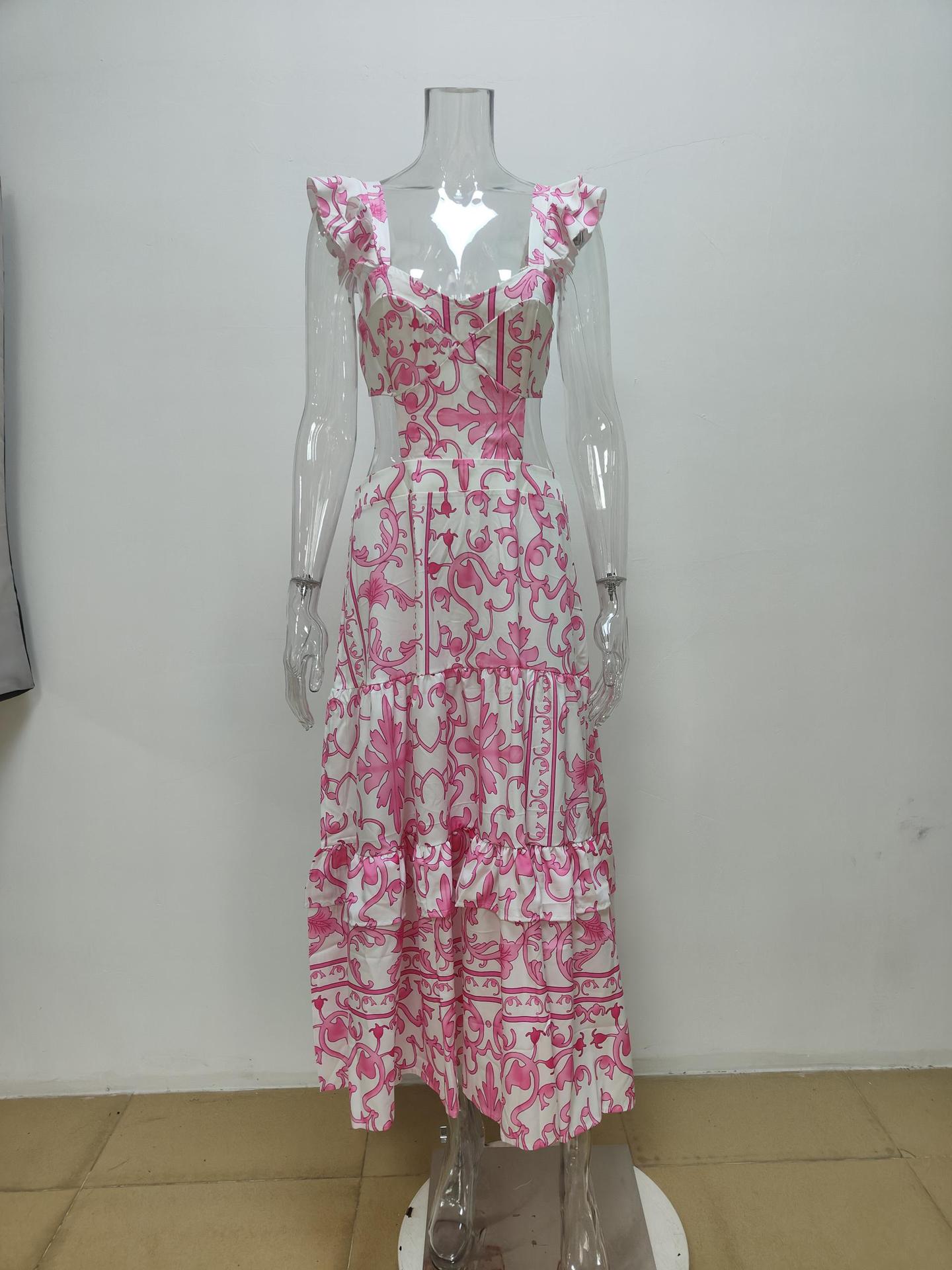 Women Clothing Elegant Padded Shoulder Flying Sleeves Printed Large Dress Maxi Dress