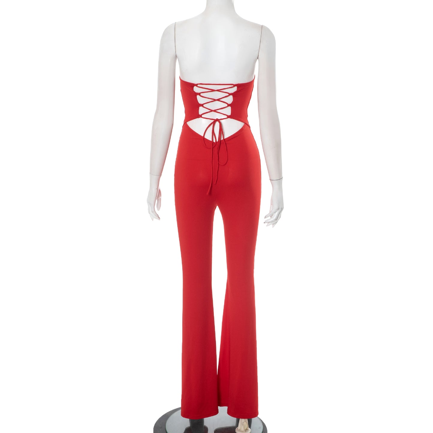 Women Spring Summer Tube Top Backless Lace up Cutout Solid Color Sheath Slightly Flared Jumpsuit