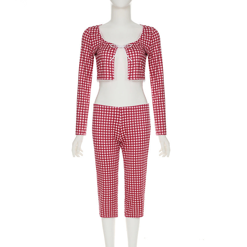 Plaid Drawstring Long Sleeved Top Slim Fit Fifth Pants Middle Pants Sets Pajamas Home Casual Two Piece Sets Women