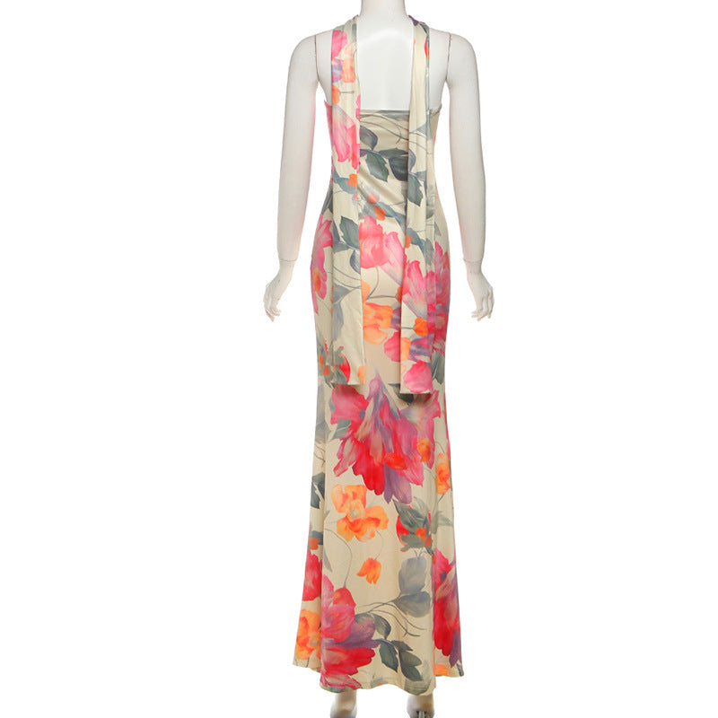 Fall Women Clothing Elegant Slim Fit Scarf Collar Sexy Backless Tube Top Printed Dress Women