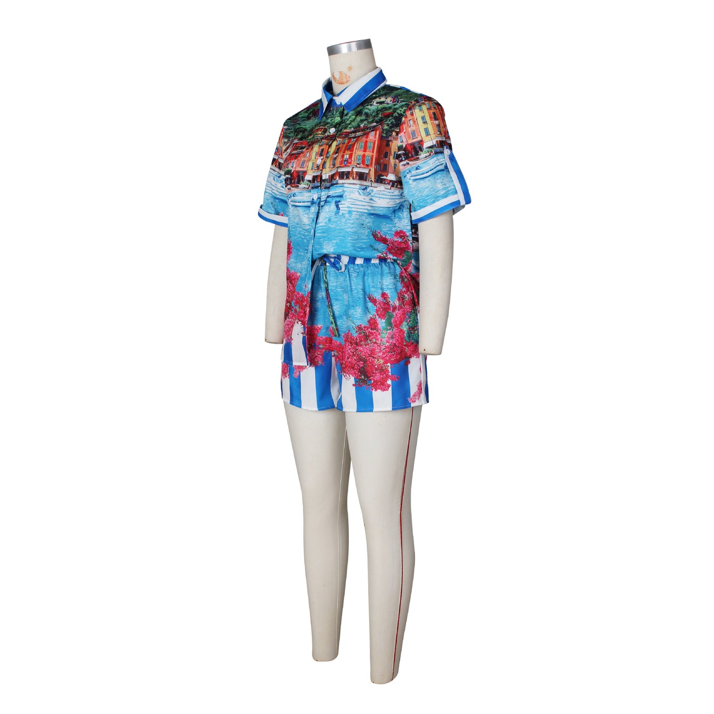 Women Clothing Personalized Positioning Printed Short Sleeved Shorts Color Matching Vacation Casual Two Piece Sets