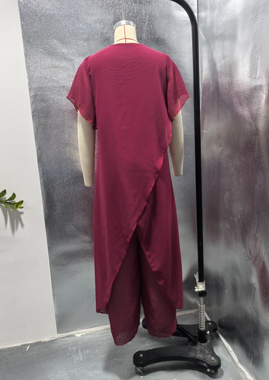 Independent Stand Color Long Irregular Asymmetric Top Loose Trousers Chiffon Two Piece Sets Women