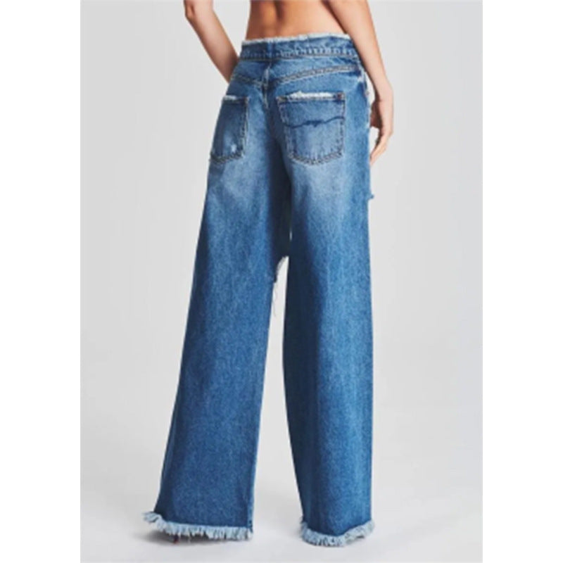 Ladies Jeans Ripped Irregular Asymmetric Side Turn Waist Wide Leg Trousers Women