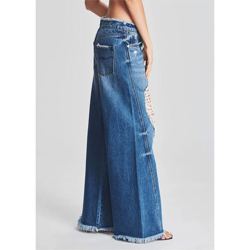 Ladies Jeans Ripped Irregular Asymmetric Side Turn Waist Wide Leg Trousers Women