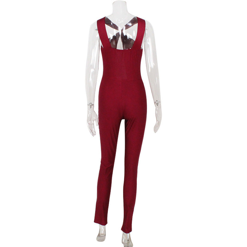 Close Fitting Slim Fitting Elegant Halter Tube Top Hollow Out Cutout Sexy One Piece Jumpsuit