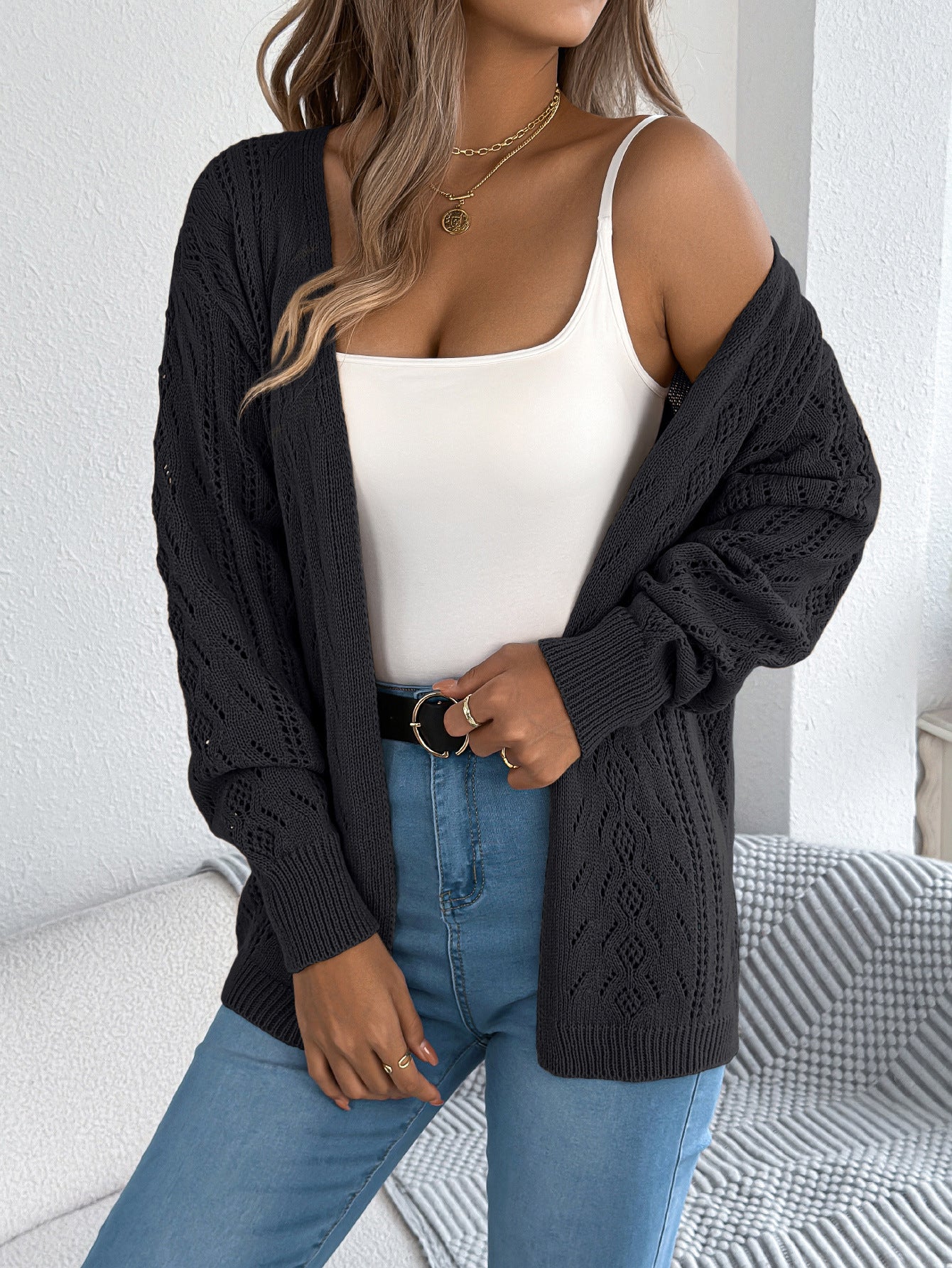 Early Autumn Casual Hollow Out Cutout out Lantern Long Sleeve Cardigan Sweater Mid Length Coat Women Clothing
