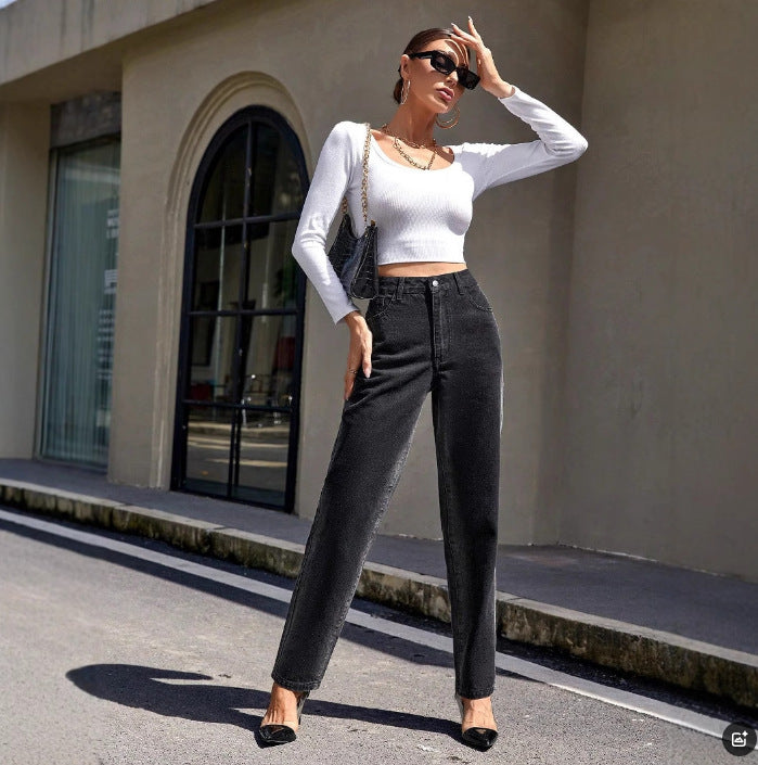 Women Clothing Autumn Winter High Waist Slimming Straight Denim Trousers