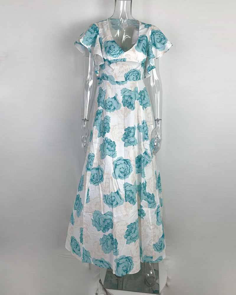 Arrival Women Clothing Summer Office V neck Waist Trimming Printing Large Swing Dress