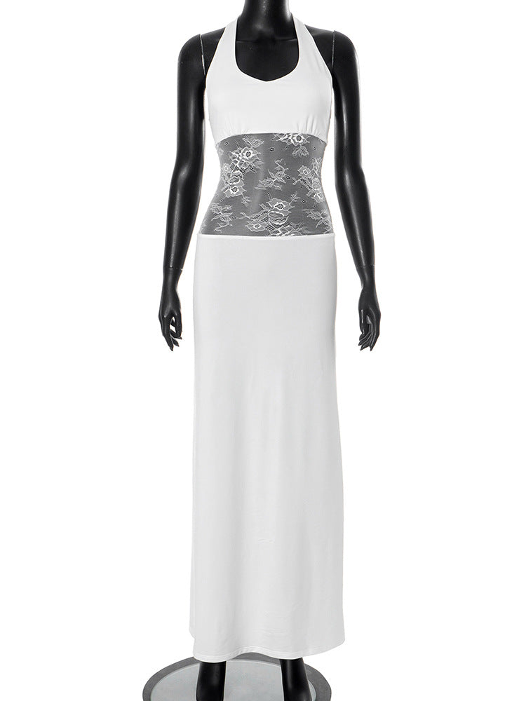 Women Clothing Sleeveless Backless U Collar Lace Slim Fit Patchwork Halter Maxi Dress