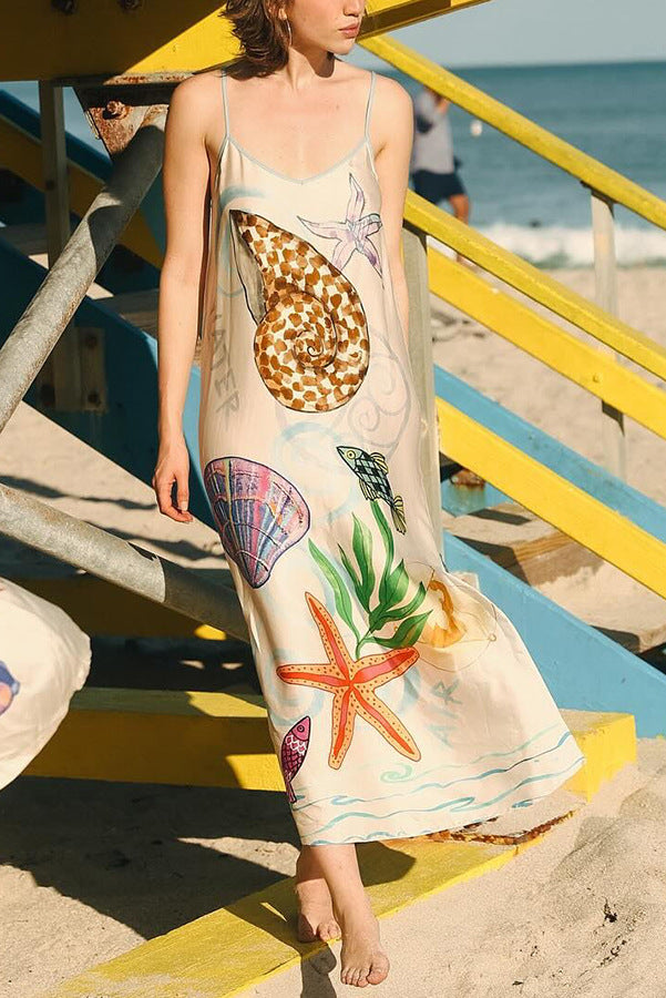 Summer Cool Printed Sling Satin Vacation Loose Dress Women