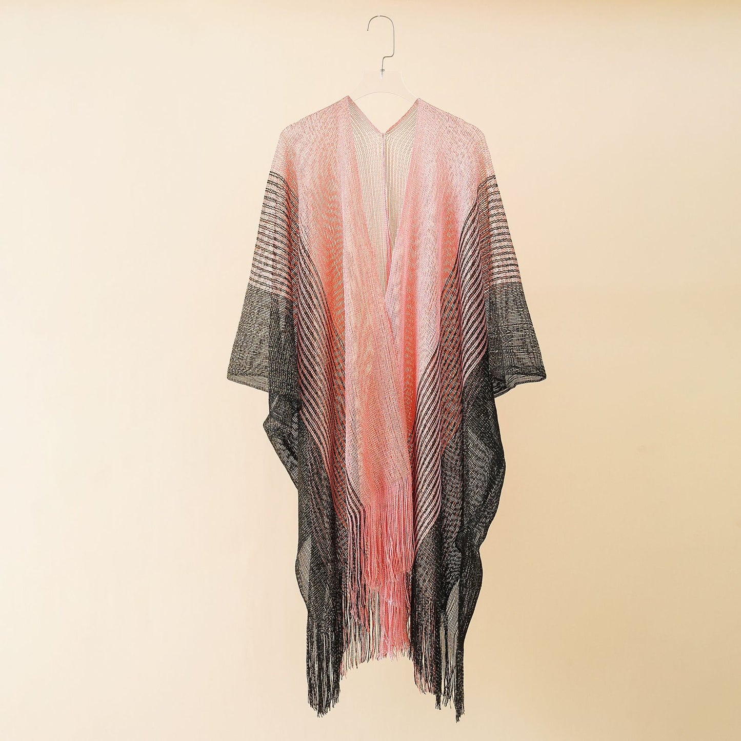Summer Color Matching Striped Tassel Shawl Hollow Out Cutout Gold Silk Cardigan Coat Sun Protection