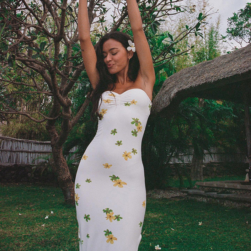 Plant Floral Print Tube Top Slit Maxi Dress Women Clothing Spring Summer