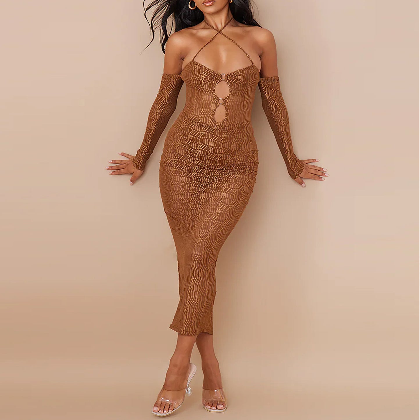 Spring Summer Mesh Halter Dress Women Blouse See through Sexy Cutout Stitching Hip Maxi Dress