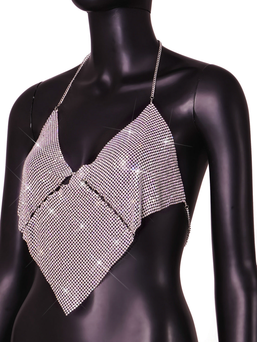 Women Clothing Nightclub Sexy Low Cut Backless Halter Rhinestone Stitching Triangle Vest Women