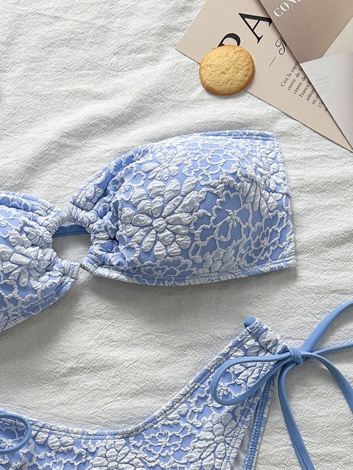 Swimwear Solid Color Floral Patterned Fabric Bikini Sexy Lace up Bandeau Bikini