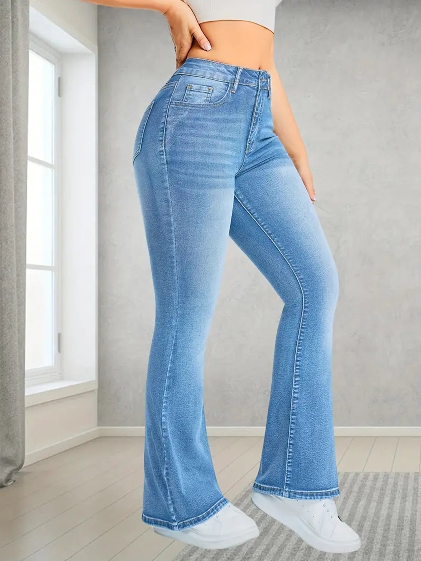 Women Jeans Stretch Multi Craft Pocket Design Loose Flared Pants Slim Fit Light Blue Trousers