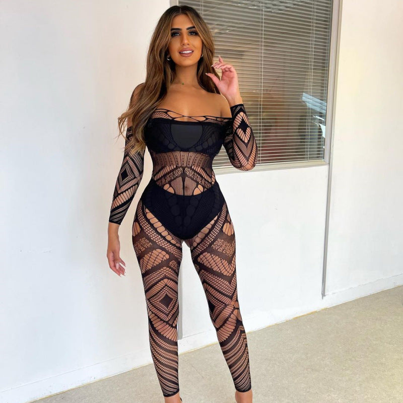 Summer Sexy Temptation Sheer Mesh Long Sleeve Sheath Jumpsuit