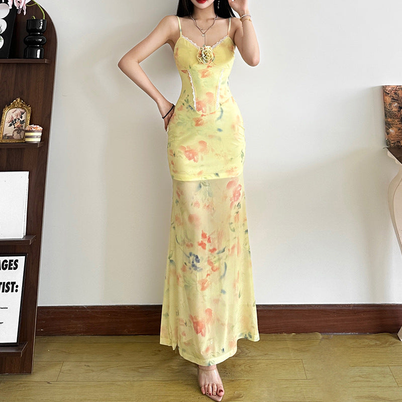 Spring Summer Women Clothing French Vacation Printed Suspender Sexy Backless Slim Fit Waist Dress Women