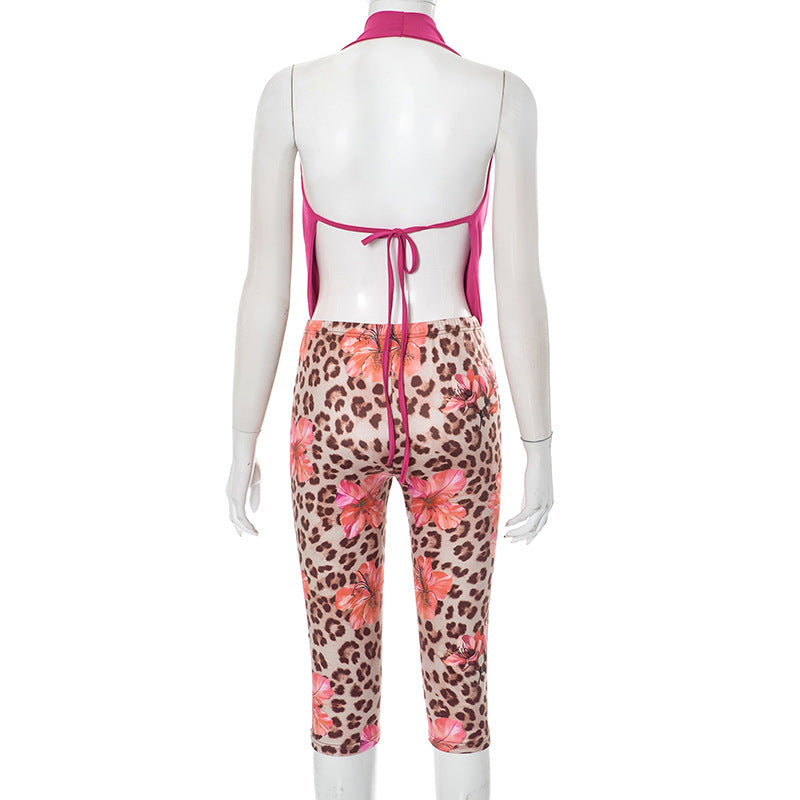 Women Spring Summer Halter Pile Collar Backless Lace up Floral Leopard Print Sets