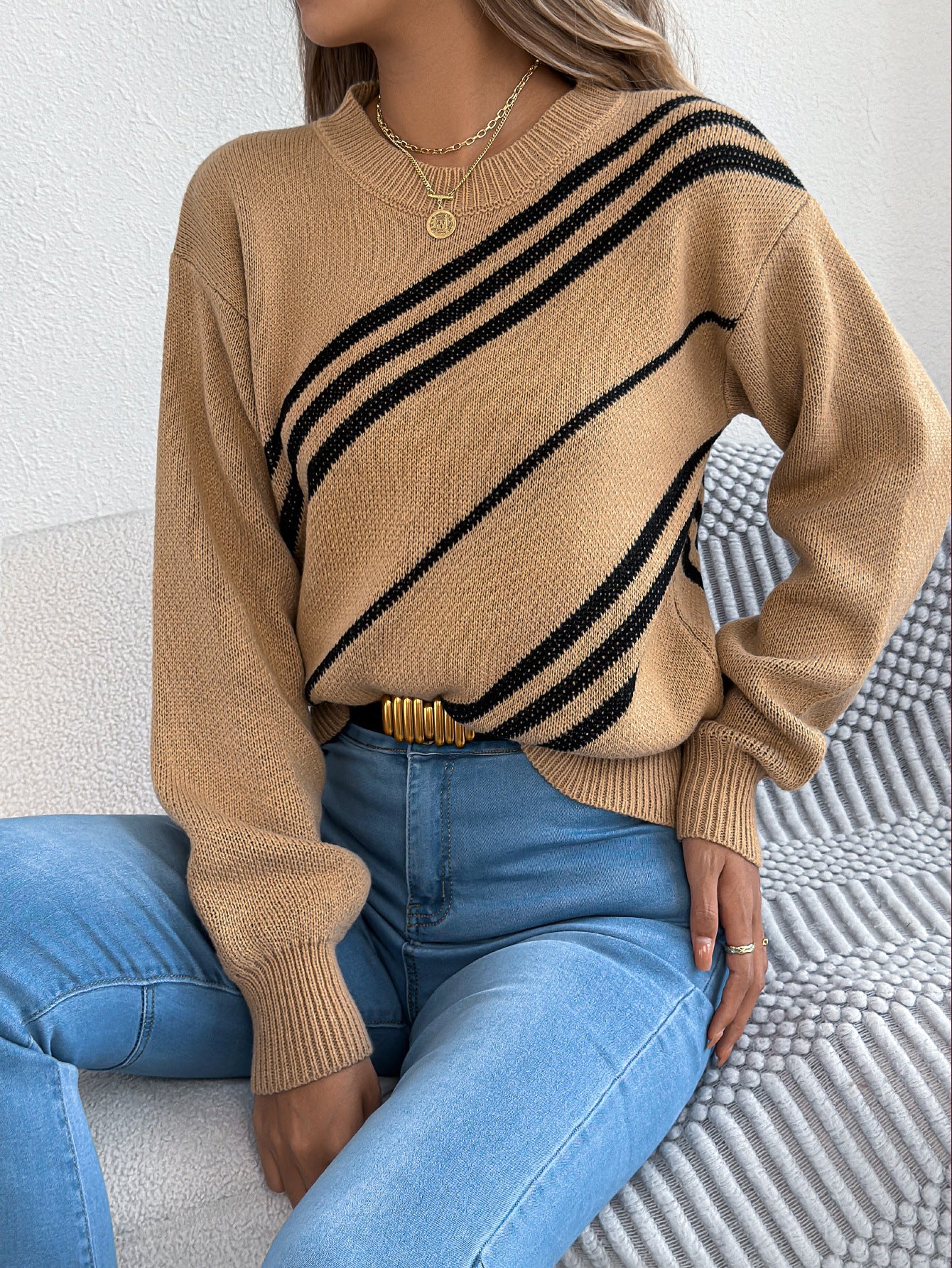 Women Clothing Autumn Winter Casual Striped round Neck Lantern Long Sleeve Pullover