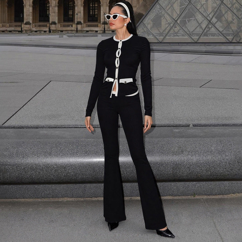 Women Clothing Autumn Personality round Neck Button Contrast Color Cardigan Long Sleeve High Waist Slim Trousers Two Piece Sets