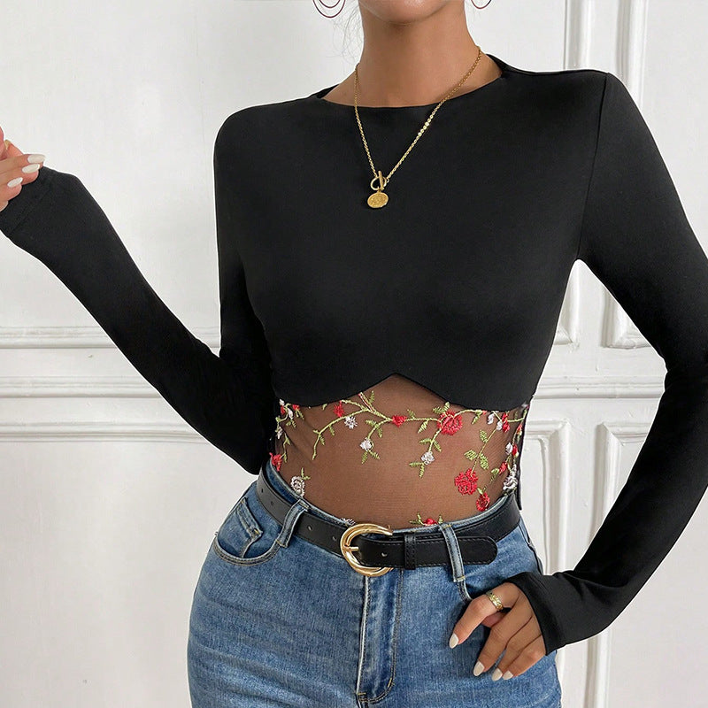 Tight Sexy Black Slim Fit Long Sleeved Embroidered Stitching One Piece T shirt