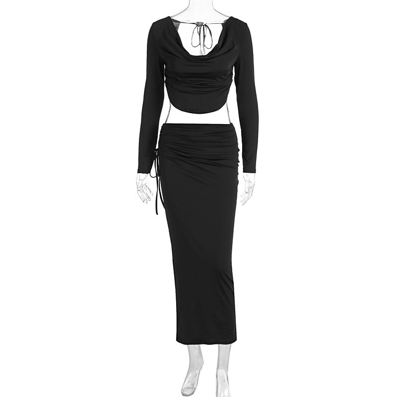 Women Clothing Autumn Sexy Backless Lace up Top Slim Pleated Skirt Two Piece Sets