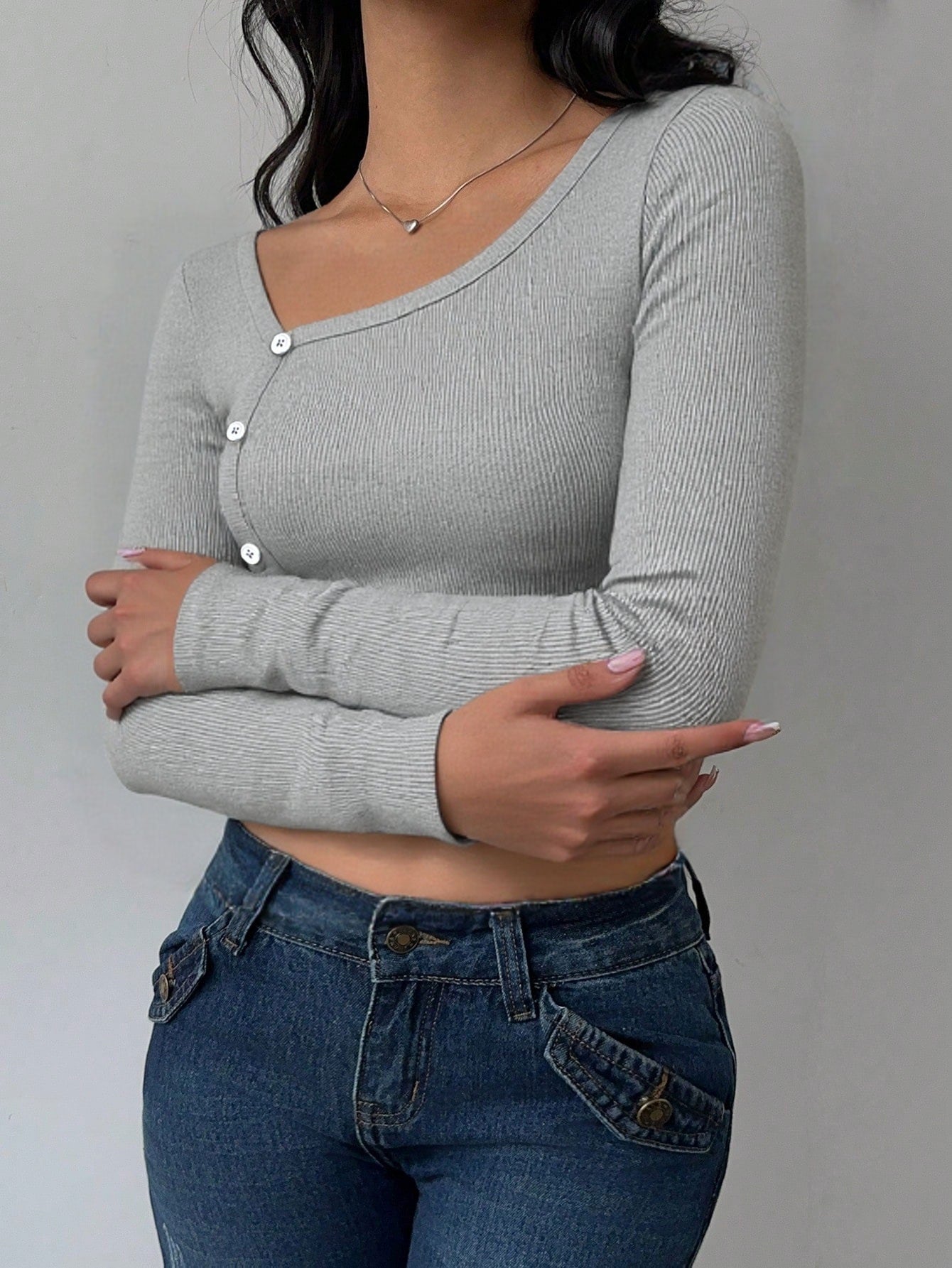Autumn Winter Women Clothing Simple Sexy T shirt Short Diagonal Buckle Bottoming Shirt Top