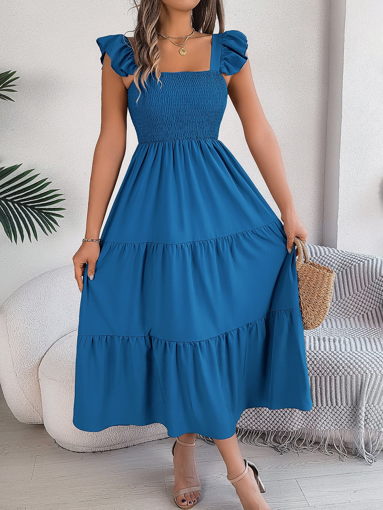Summer Solid Color Square Collar Wooden Ear Waist A line Dress Women Clothing