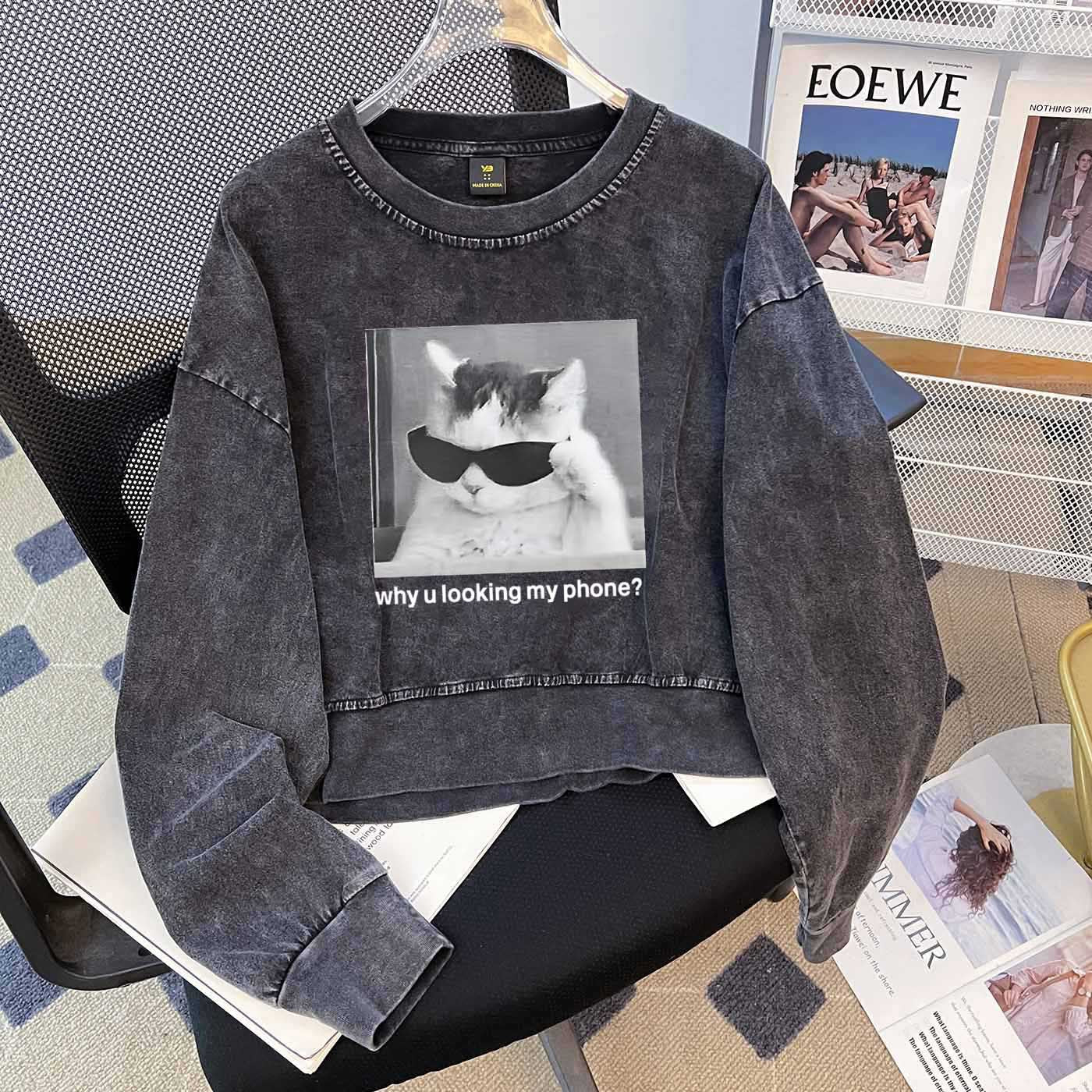Special Interest Design Washed Distressed Long T Shirt Women Washed Vintage Pure Cotton O Neck Short Sweatshirt