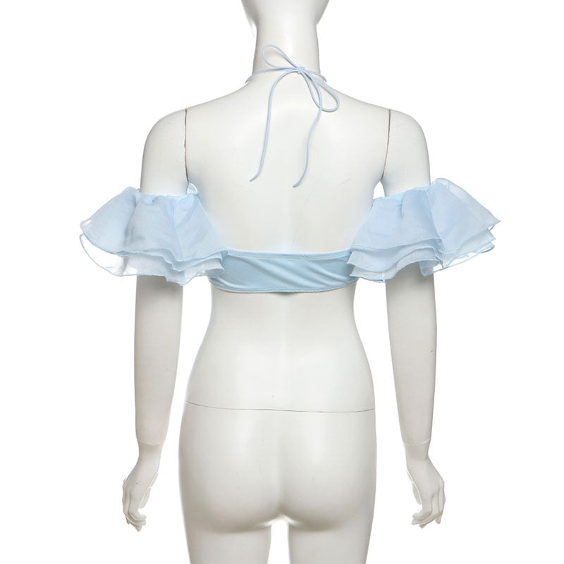 Summer Women Clothing Sexy Halter Cropped Wrapped Chest Split Lace Sleeve Solid Color Top