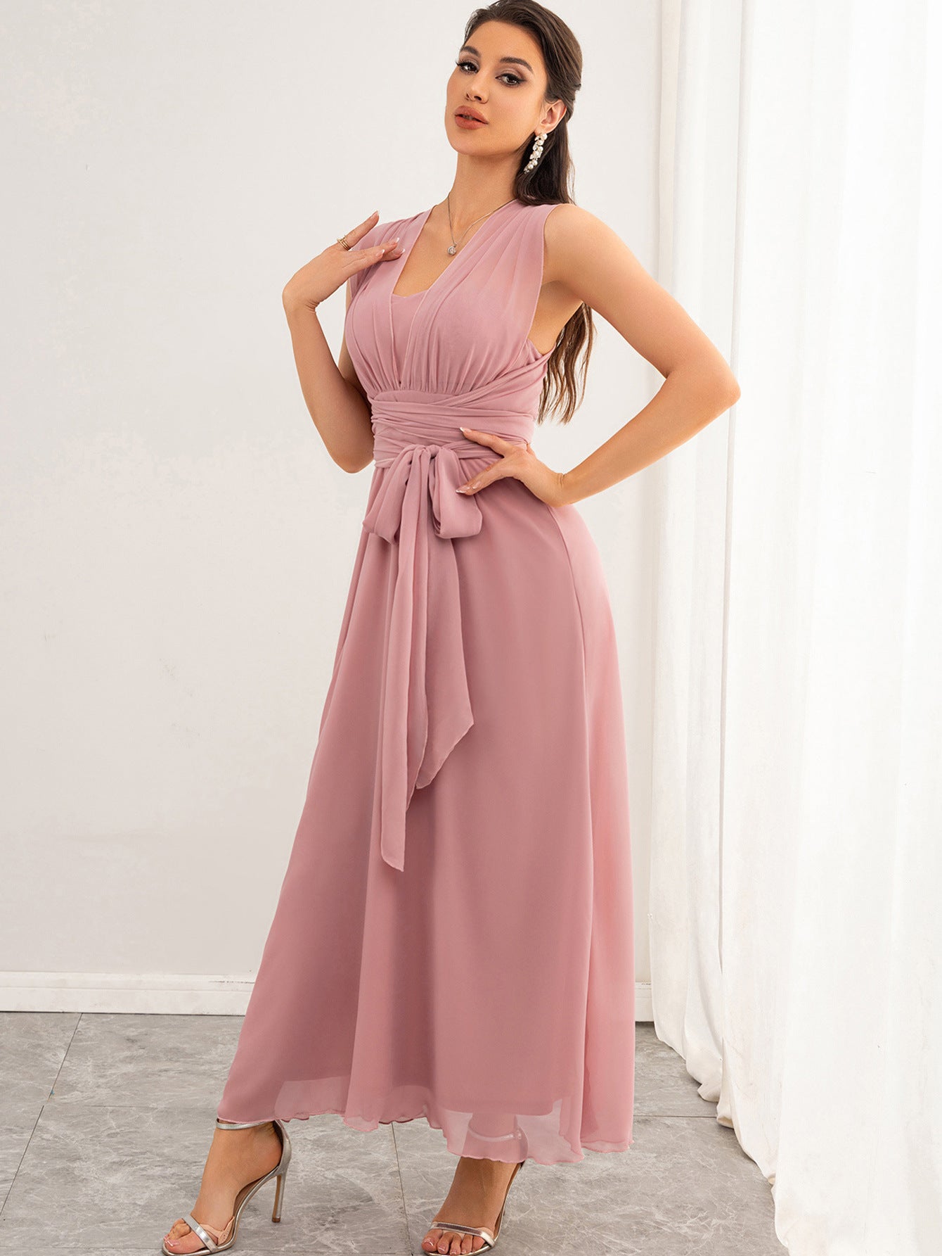 Women Clothing Sexy Backless Chiffon Pink Dress Maxi Dress Summer