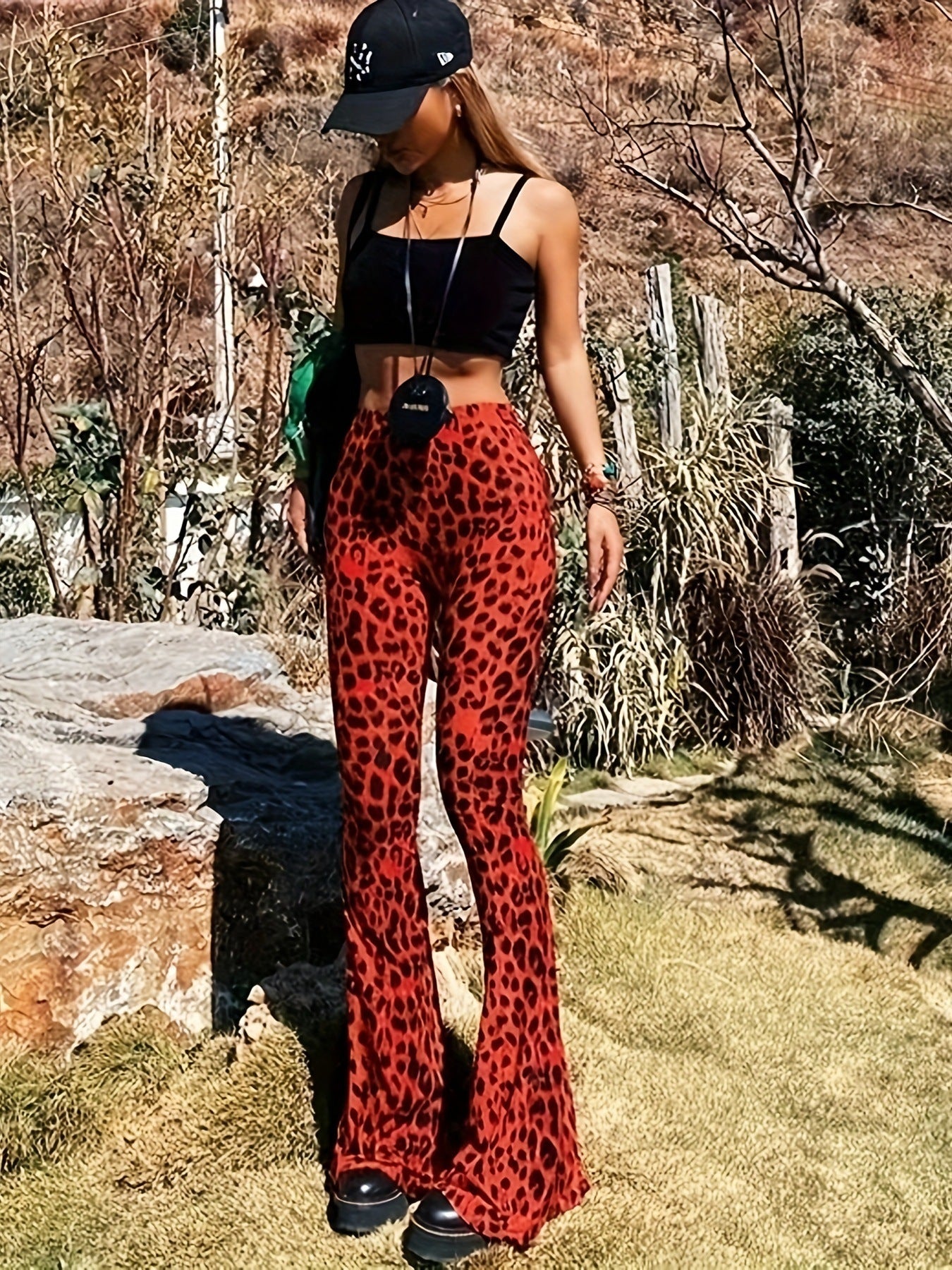 Leopard Print Pants Trendy Skinny Sheath Printed Bell Bottom Pants Women Casual Pants