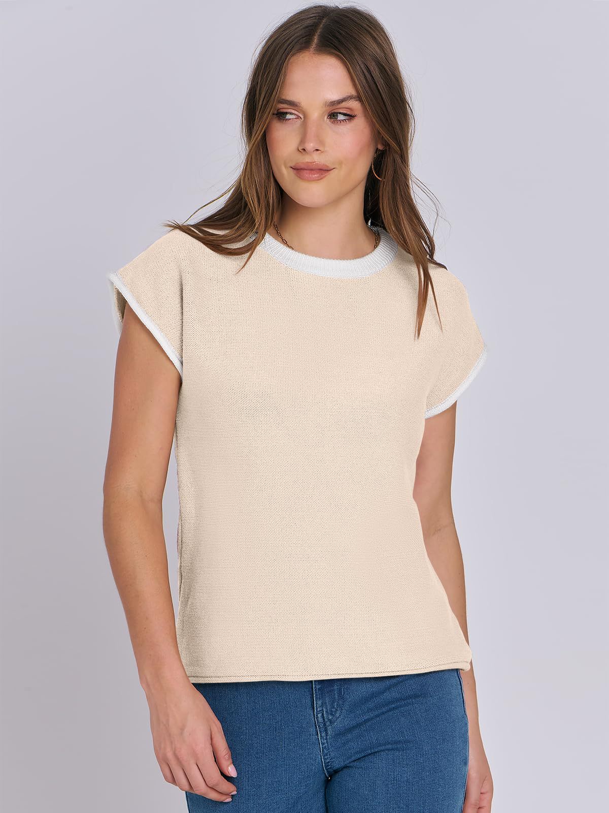 Women Clothing Summer round Neck Knitted Top Casual Striped Contrast Color Sweater