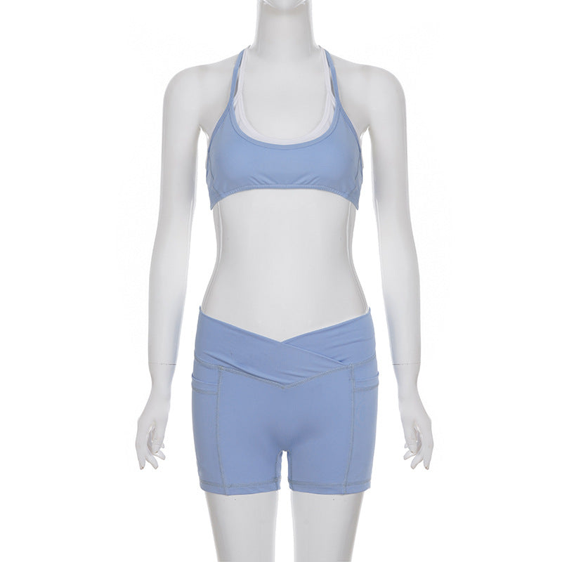 Faux Two Pieces Contrast Color Suspender Shorts Casual Sports Set Yoga Fitness Two Piece Set for Women