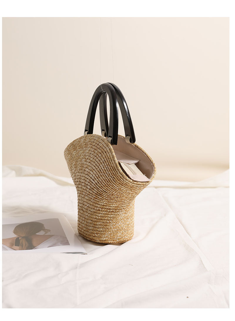 Wooden Portable Hat Straw Bag Fresh Straw Woven Bag Vacation Beach Bag Women Bag