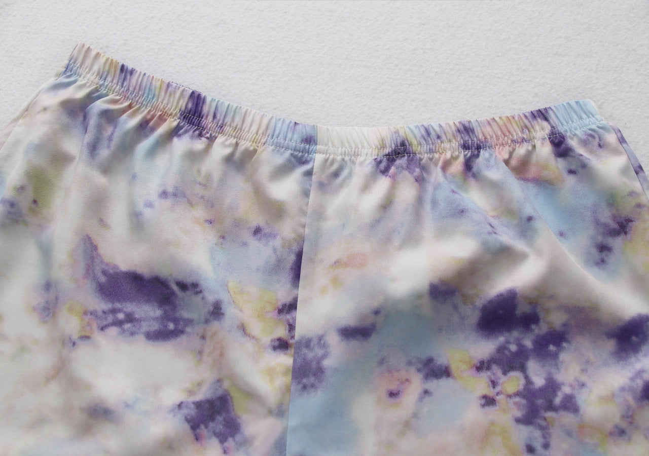 Summer Sexy Tie Dyed Home Wear Ruffled Pajamas Suit Casual Lace Up Outer Shirt Shorts Two Piece Suit